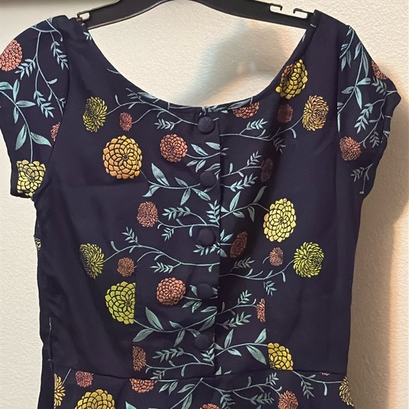 EShakti women’s Navy Blue Pink & Yellow Flower Print Dress Sz 10 pockets. NWOT - Picture 2 of 12